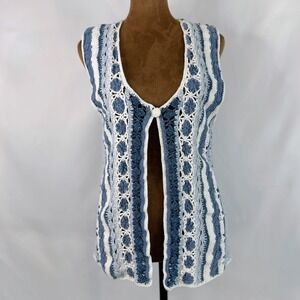 vintage Brownstone Studio Crochet Vest M Blue White Floral Boho Ramie Cotton